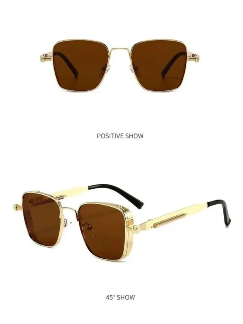 Retro Unisex Square Gold Metal Frame Sunglasses W/ Brown Tea Lenses Spring Hinge